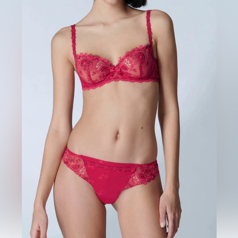 Simone Perele WISH SET demi bra and thong panties in RUBY  BNWT 32c and M thong